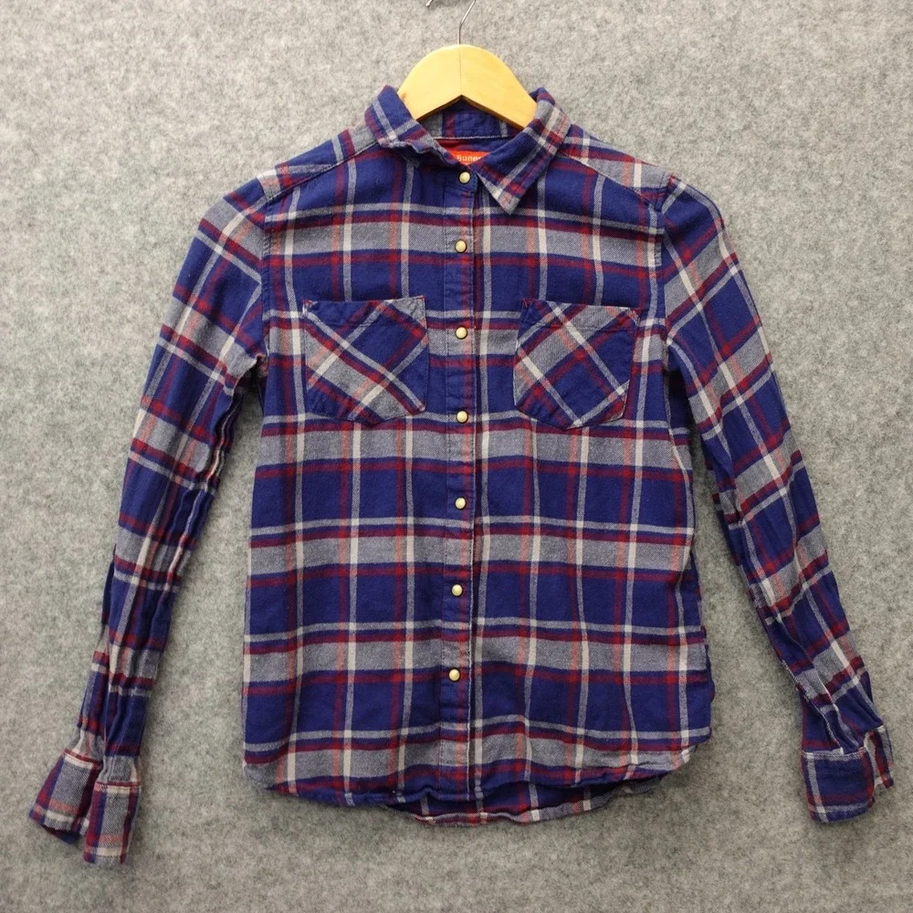 Girls Flannel Shirt Rhinestone Emoji L Blue Plaid Smiley Patch Pearl Snap BUTTER